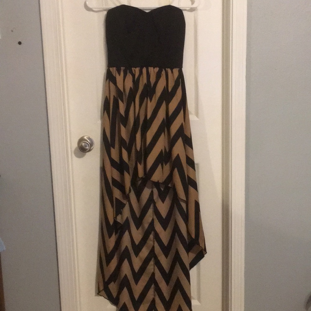 Strapless, open back, high to low dress